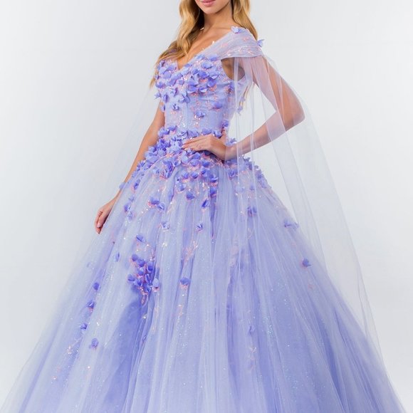 Floral Applique Glitter Mesh Quinceanera Dress w/ Detachable Cape Sleeve GL1974 - Picture 3 of 8
